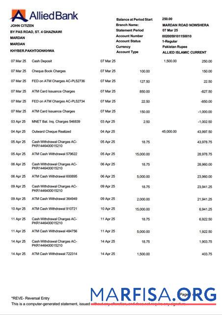 Downloadable Pakistan Allied Bank Limited account statement word example